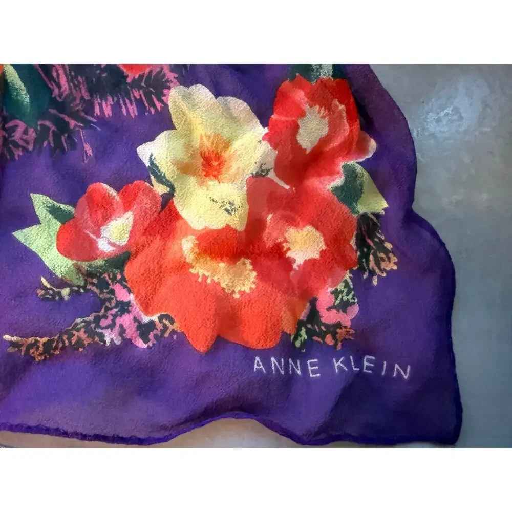 Vintage Anne Klein Bold Floral Print Silk Semi Sheer Scarf